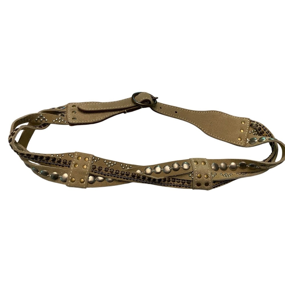 Lucky Brand Women's Medium Suede Belt Braided Studded Grommet Y2K Boho Tan